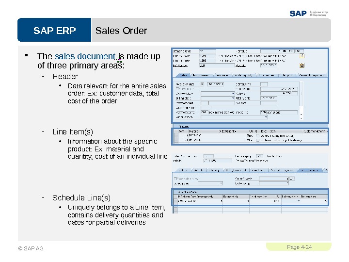 SAP ERPPage 4 - 24 © SAP AG Sales Order The sales document is made up
