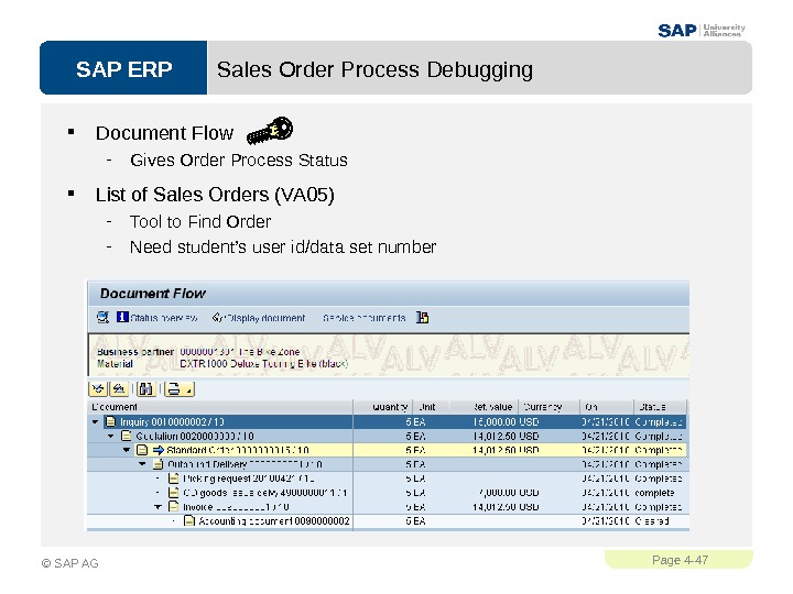 SAP ERPPage 4 - 47 © SAP AG Sales Order Process Debugging Document Flow - Gives