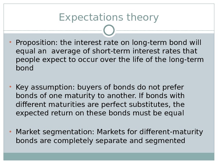 Expectations theory • Proposition: the interest rate on long-term bond will equal an average of short-term