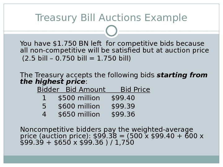 Treasury Bill Auctions Example You have $1. 750 BN left for competitive bids because all non-competitive