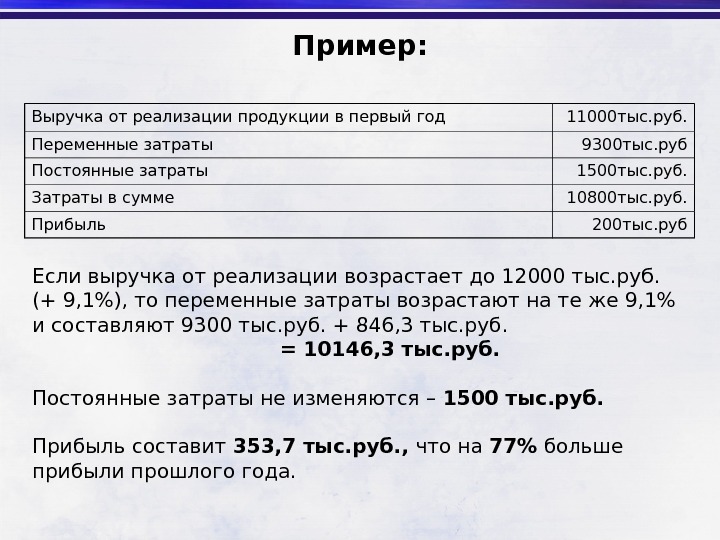 Пример: Если выручка от реализации возрастает до 12000 тыс. руб. (+ 9, 1), то переменные затраты