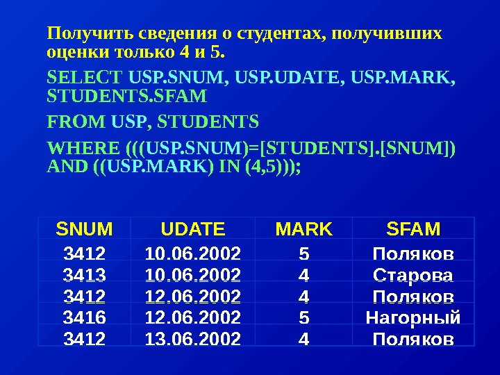   Получить сведения о студентах, получивших оценки только 4 и 5. SELECT USP. SNUM, USP.