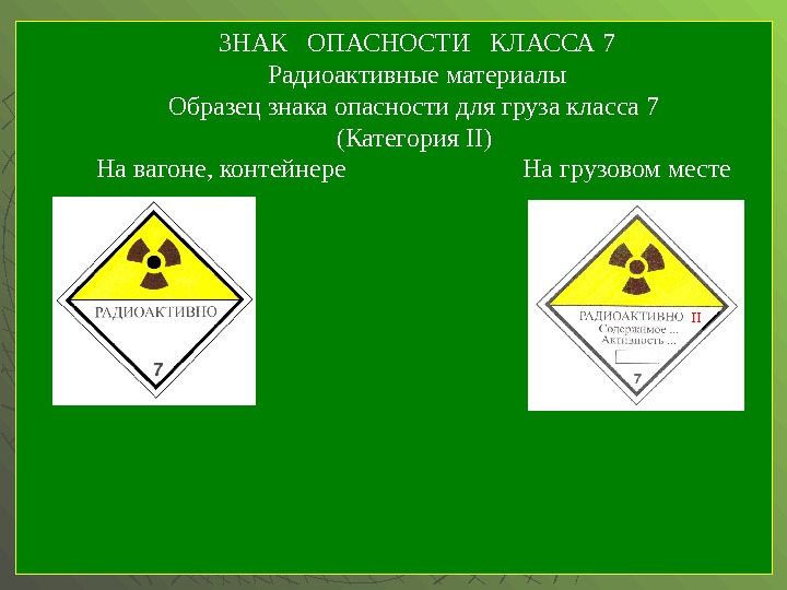 ЗНАК  ОПАСНОСТИ  КЛАССА 7 Радиоактивные материалы Образец знака опасности для груза класса 7 (Категория