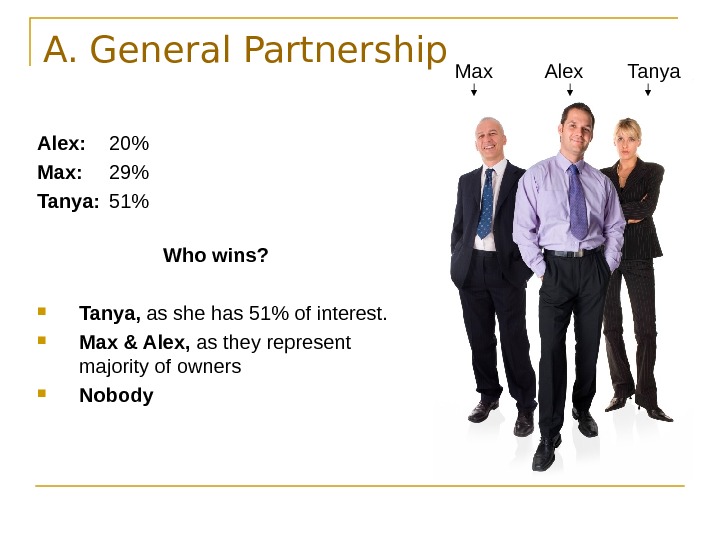   A. General Partnership Alex: 20 Max: 29 Tanya: 51 Who wins?  Tanya, 