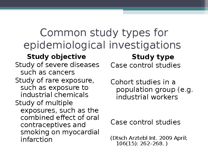 Common study types for epidemiological investigations Study objective  Study of severe diseases such as cancers