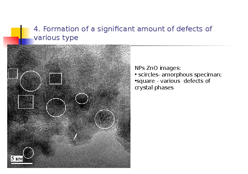 4. Formation of a significant amount of defects of various type NPs Zn. O images: 
