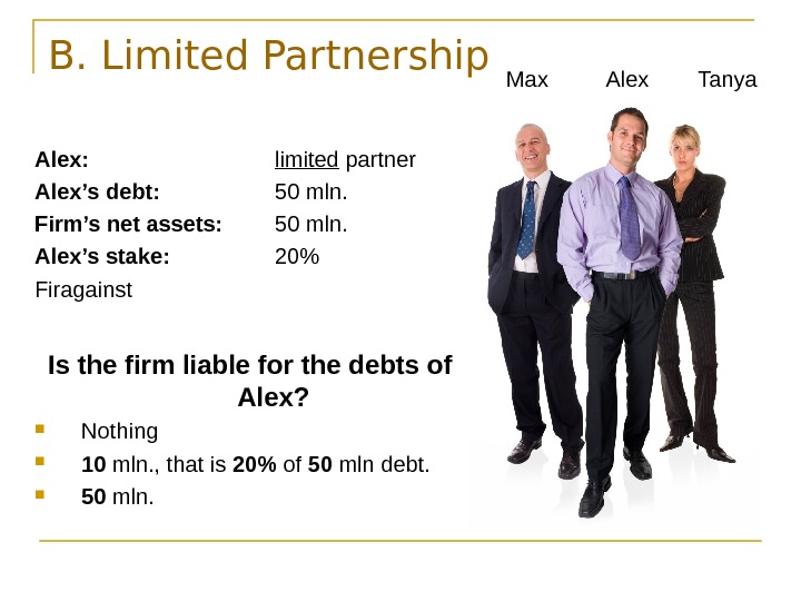   B. Limited Partnership Alex: limited partner Alex’s debt: 50 mln.  Firm’s net assets: