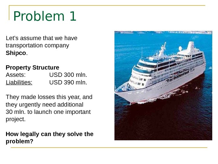   Problem 1 Let’s assume that we have transportation company Shipco. Property Structure Assets: USD