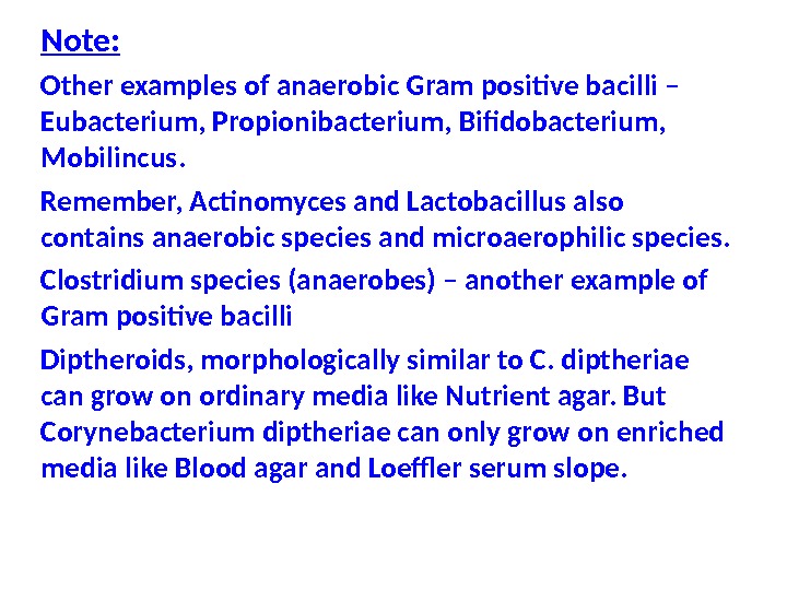 Note: Other examples of anaerobic Gram positive bacilli – Eubacterium, Propionibacterium, Bifidobacterium,  Mobilincus. Remember, Actinomyces