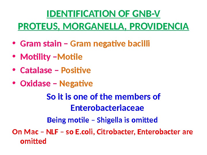 IDENTIFICATION OF GNB-V PROTEUS, MORGANELLA, PROVIDENCIA • Gram stain – Gram negative bacilli  • Motility