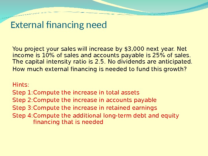 External financing need You project your sales will increase by $3, 000 next year. Net income
