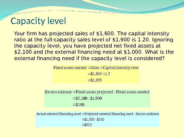 Capacity level Your firm has projected sales of $1, 600. The capital intensity ratio at the