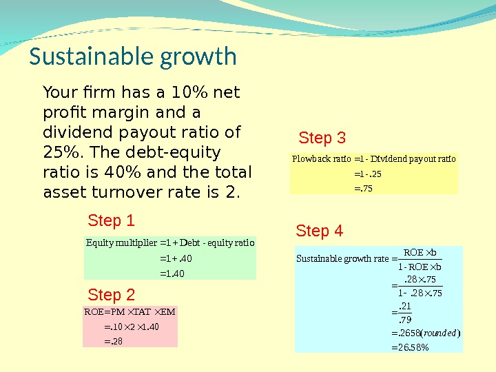 Sustainable growth Your firm has a 10 net profit margin and a dividend payout ratio of