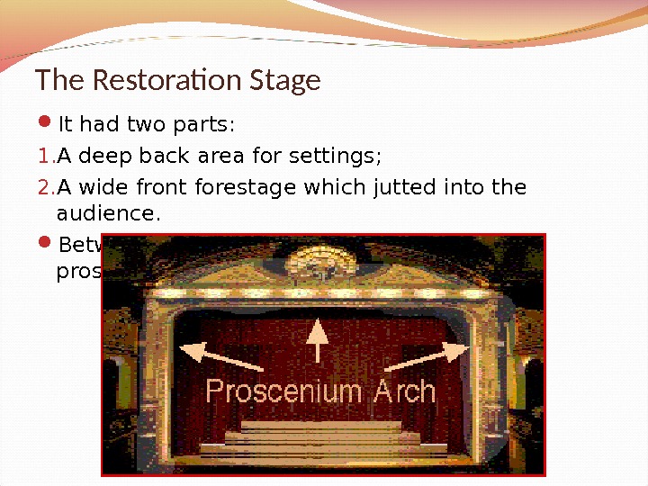 The Restoration Stage It had two parts: 1. A deep back area for settings; 2. A