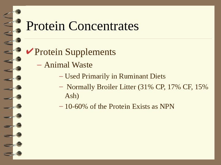  Protein Concentrates Protein Supplements – Animal Waste – Used Primarily in Ruminant Diets –
