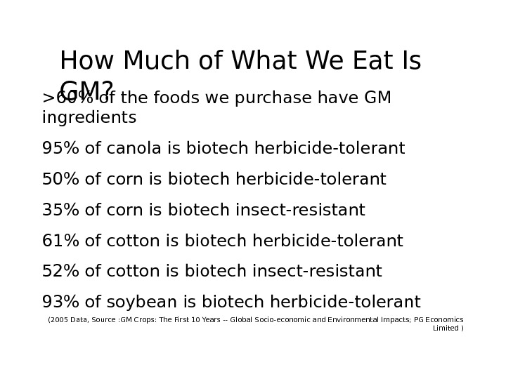   60 of the foods we purchase have GM ingredients 95 of canola is biotech