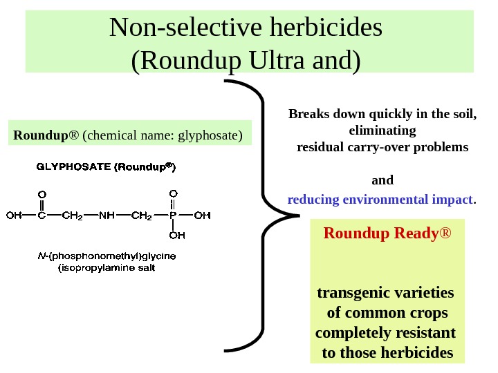   Non-selective herbicides (Roundup Ultra and) Roundup ® (chemical name: glyphosate)  Breaks down quickly