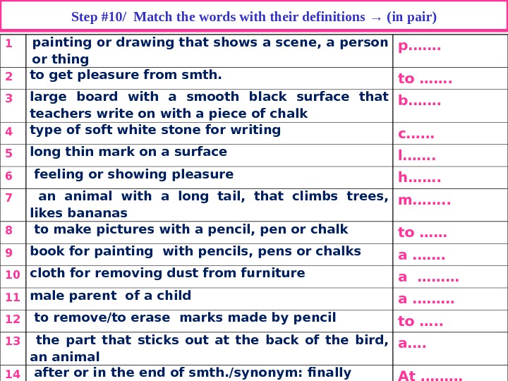 Step #10/ Match the words with their definitions  → ( in pair ) 1 painting