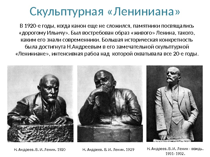 Скульптурная «Лениниана»В 1920-е годы, когда канон еще не сложился, памятники посвящались «дорогому Ильичу». Был востребован образ «живого» Ленина, такого, каким его знали современники. Большая историческая