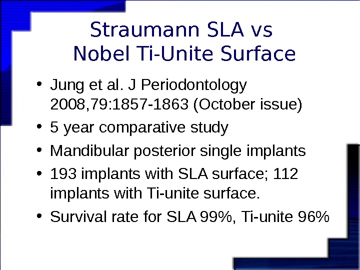   Straumann SLA vs Nobel Ti-Unite Surface • Jung et al. J Periodontology 2008, 79: