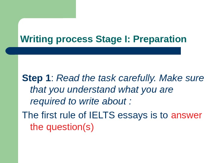   Writing process Stage I: Preparation Step 1 :  Read the task carefully. Make