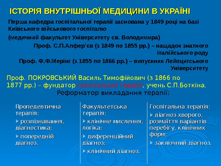  Перша кафедра госпітальної терапії заснована у 1849 році на базі Київського військового госпіталю (медичний факультет