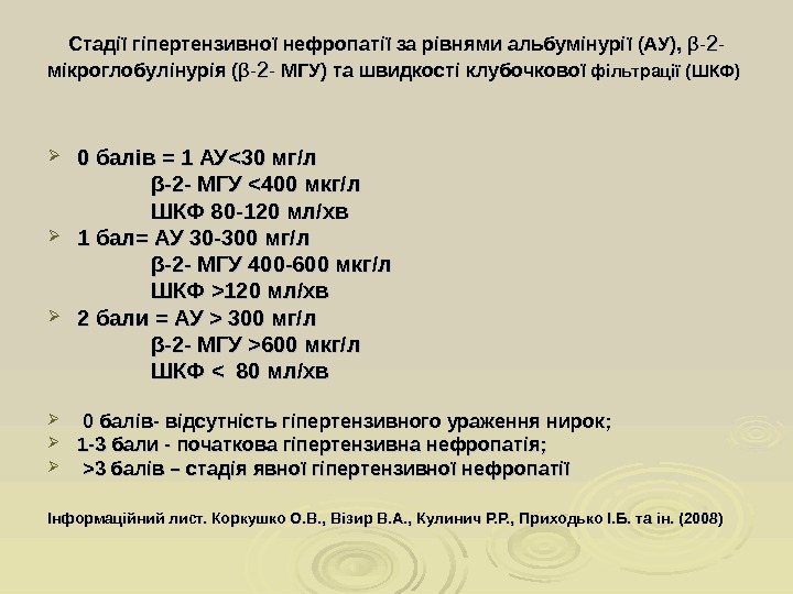  Стадії гіпертензивної нефропатії за рівнями альбумінурії (АУ),  ββ -- 22 --  мікроглобулінурія (
