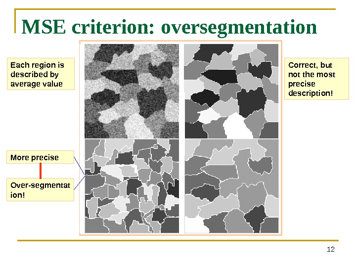 MSE criterion: oversegmentation 12 More precise Over-segmentat ion! Each region is described by average value Correct,