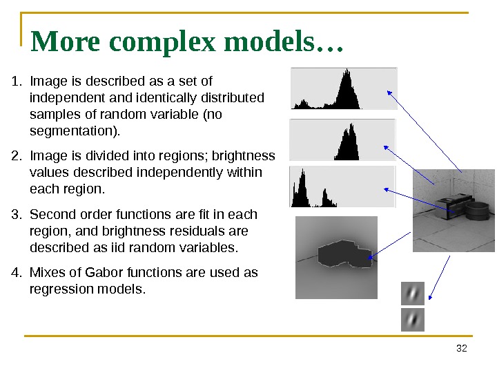 32 More complex models… 1. Image is described as a set of independent and identically distributed