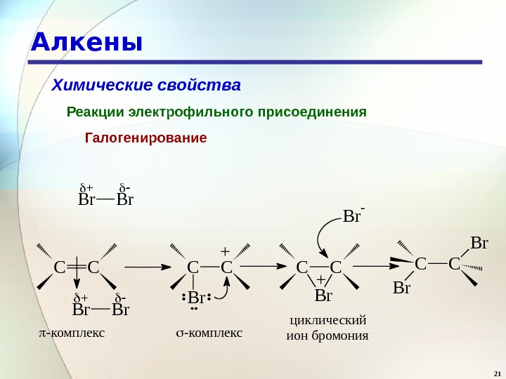 21 Алкены Химические свойства Реакции электрофильного присоединения Галогенирование. Br + B r + C C -комплекс