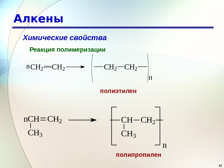 32 Алкены Химические свойства Реакция полимеризации C H 2 n n полиэтилен n C H C