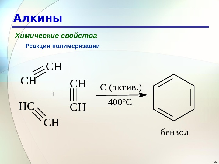 55 Алкины Химические свойства Реакции полимеризации. CH CH HC CH C (актив. ) 400°С бензол 