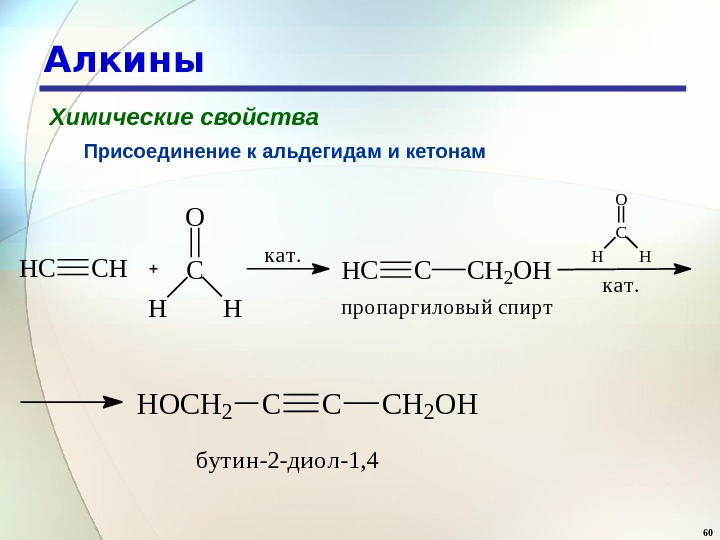 60 Алкины Химические свойства Присоединение к альдегидам и кетонам. HCCHC O HH к а т. HCCCH