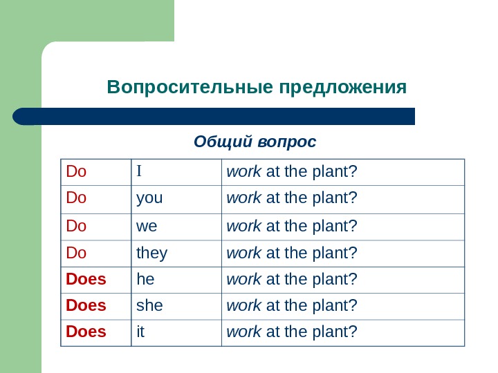 Вопросительные предложения Общий вопрос Do I work at the plant? Do you work at the plant?