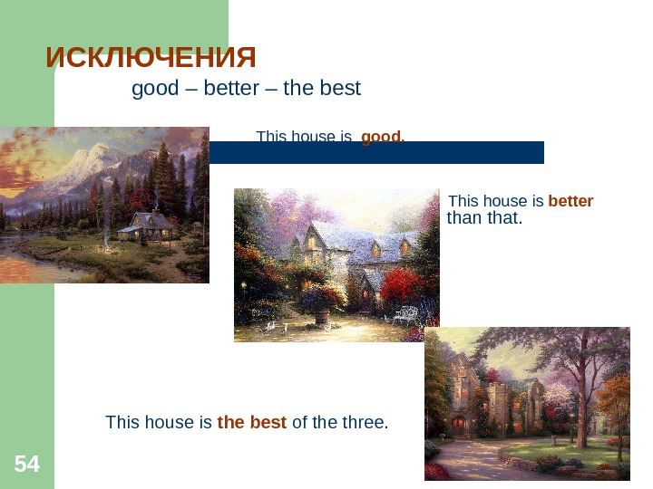 54 ИСКЛЮЧЕНИЯ   good – better – the best  This house is  good.
