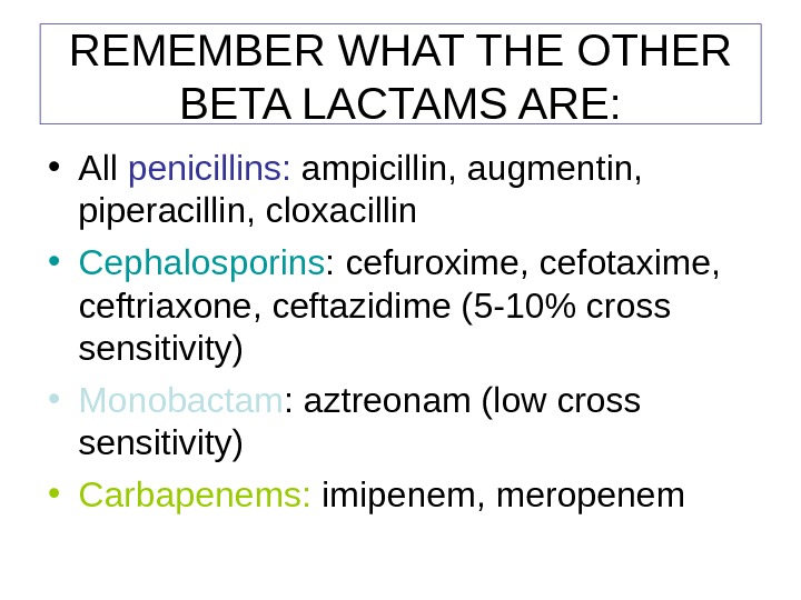 REMEMBER WHAT THE OTHER BETA LACTAMS ARE:  • All penicillins:  ampicillin, augmentin,  piperacillin,