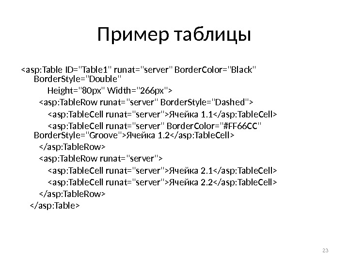 Пример таблицы asp: Table ID=Table 1 runat=server Border. Color=Black Border. Style=Double    Height=80 px