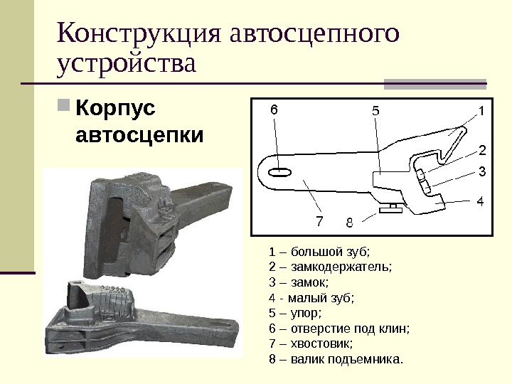 Конструкция автосцепного устройства Корпус автосцепки 1 – большой зуб;  2 – замкодержатель; 3 – замок;