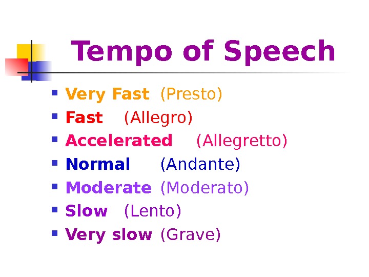   Tempo of Speech Very Fast  (Presto) Fast  (Allegro) Accelerated (Allegretto) Normal (Andante)