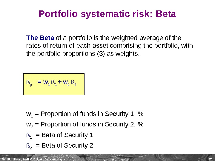 WIUU BF-2, Fall 2013, A. Zaporozhetz 21 Portfolio systematic risk: Beta The Beta of a portfolio