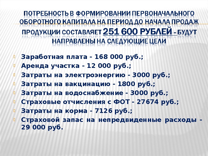  Заработная плата - 168 000 руб. ;  Аренда участка - 12 000 руб. ;