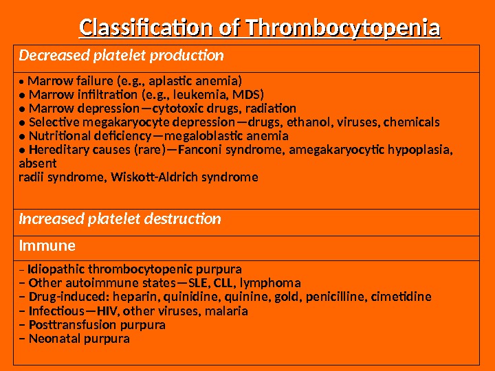 Classification of Thrombocytopenia Decreased platelet production •  Marrow failure (e. g. , aplastic anemia) •