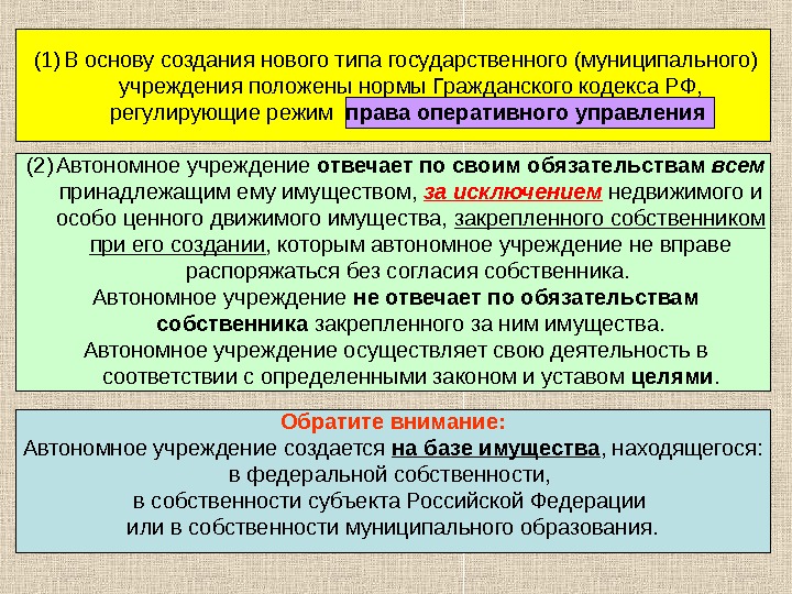 (1) В основу создания нового типа государственного (муниципального) учреждения положены нормы Гражданского кодекса РФ,  регулирующие