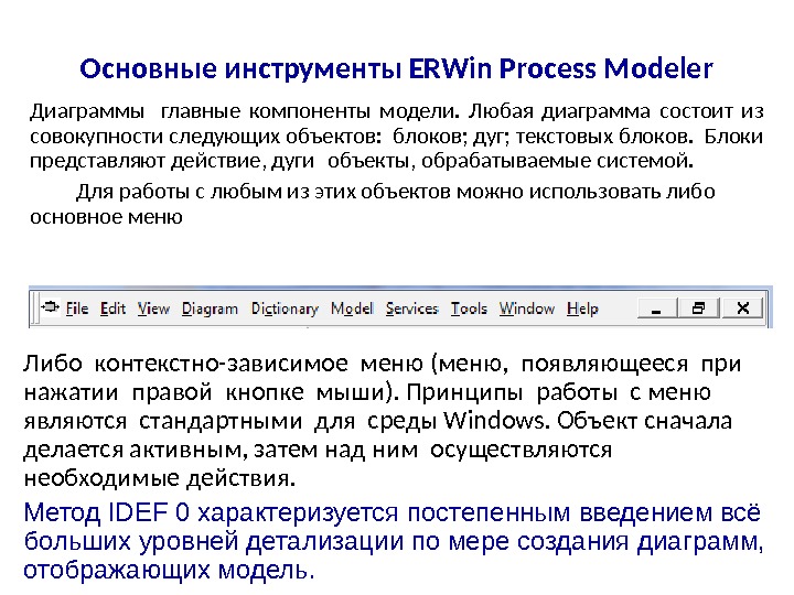 Основные инструменты ERWin Process Modeler Диаграммы  главные компоненты модели.  Любая диаграмма состоит из совокупности