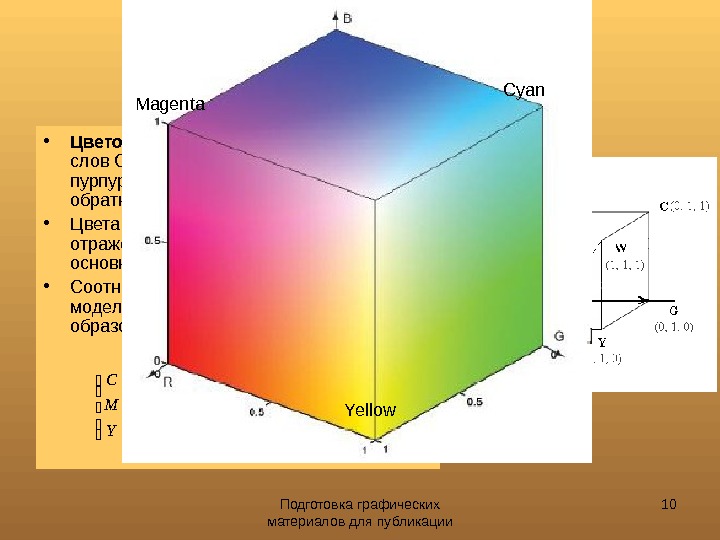 Подготовка графических материалов для публикации 10 Цветовая модель CMY • Цветовая модель CMY (от английских слов