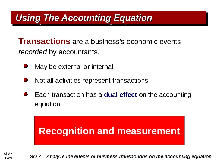 Slide 1 - 28 Using The Accounting Equation Transactions  are a business’s economic events recorded