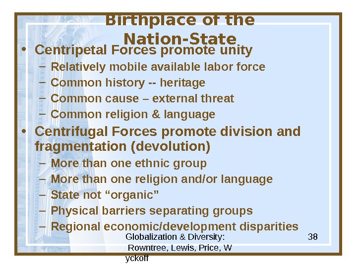 Globalization & Diversity:  Rowntree, Lewis, Price, W yckoff 38 Birthplace of the Nation-State • Centripetal