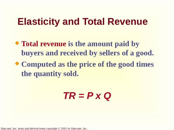 Harcourt, Inc. items and derived items copyright © 2001 by Harcourt, Inc. Elasticity and Total Revenue