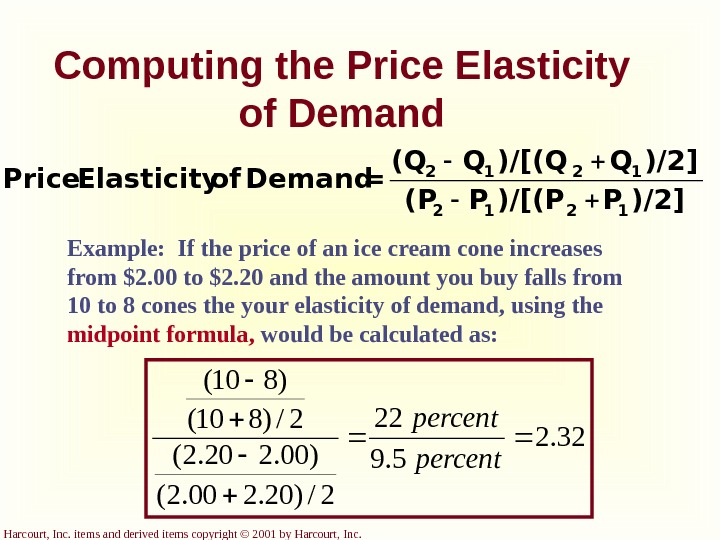 Harcourt, Inc. items and derived items copyright © 2001 by Harcourt, Inc. Computing the Price Elasticity
