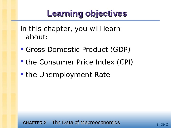CHAPTER 2 The Data of Macroeconomics slide 2 Learning objectives In this chapter, you will learn